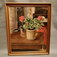 røde pelargonier i urtepotte, på bord gammelt oliemaleri kunst original